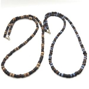 Set of 2 Stone Heishi Bead Surfer Style Necklaces Brown Tan Blue Earthy Boho